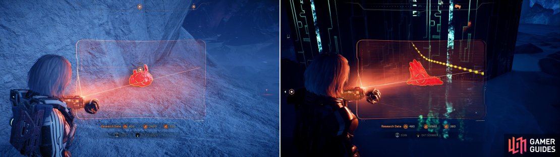 Numerous mineral samples can be scanned across Voeld, like the Platinum Sample above the Techiix Station (left) and the Lithium Sample near the western monolith (right).