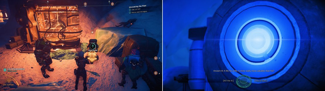 Free the captive Angara (left) then confront the Ancient AI that dwells in the depths of Ja Niihk (right).