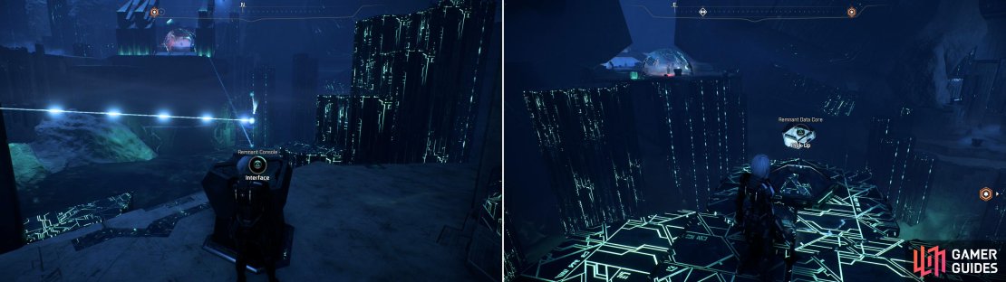 Activate a series of Remnant Consoles to raise a distant platform (left) upon which you’ll find a Remnant Data Core (right).