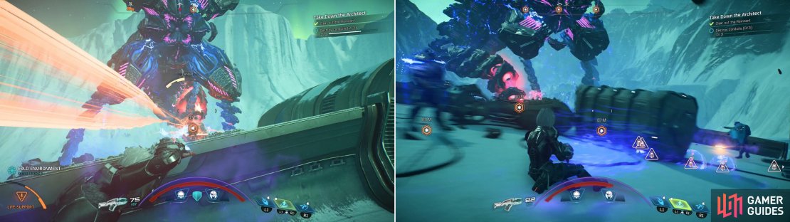 Stay in cover to avoid the Architect&rsquo;s rapid-fire laser attack (left) and stay mobile to avoid its mines (right).