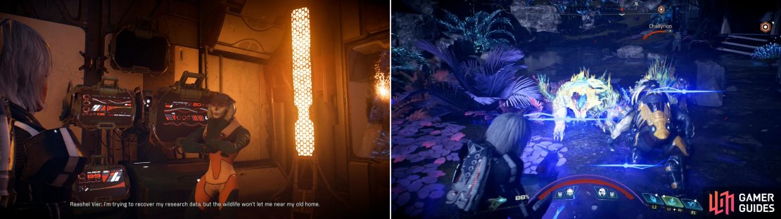 Raashel Vier will ask you to recover some research from her house (left). Fight through a pack of Challyrions to reach her abode (right).