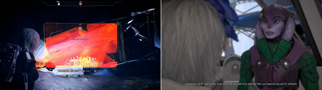 Search Havarl&rsquo;s trench to find the wreckage (left) then return to Avela Kjar with the Ancient Agaran Pilot&rsquo;s Helmet you recover from said wreckage (right).