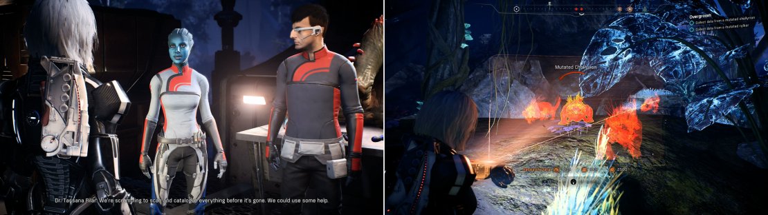 Talk to some researchers on Havarl to learn about the dwindling time window for their research (left). Agree to help them and scan the mutated wild life (right).