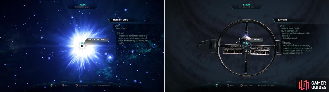 A rare deposit of Element Zero can be found in this system (left), while orbiting Pas-33 you’ll find a Satellite (right).