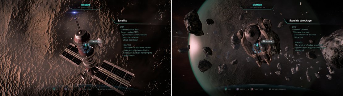 Both the Satellite orbiting Avelosa (left) and the Starship Wreckage orbiting Suuricco (right) yield Research Data points.