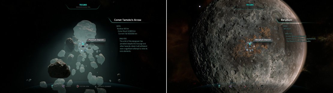 Comet Tamoko&rsquo;s Arrow - like most named Heleus comets - will yield precious minerals (left), while the surface of Mosiiba has a more humble offering (right).