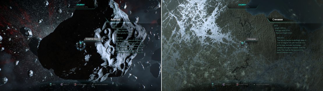 Scan an Asteroid to find a Graphite Deposit (left), then scan the unusual crevasse on Dubraaci to earn some XP (right).