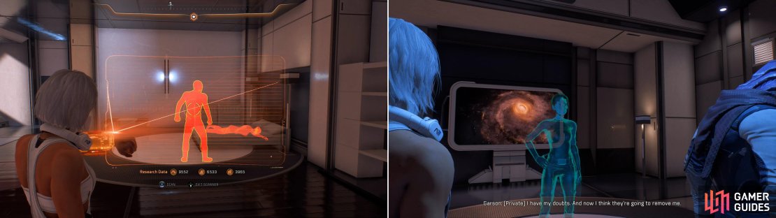 Scan the room Jien Garson&rsquo;s body was found in (left) then listen to her secret message on the Garson VI in the Cultural Center (right).