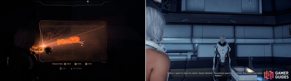 In a dark alley near Tartarus you&rsquo;ll find a body (left). Scan the corpse and report your findings to Sellers (right).