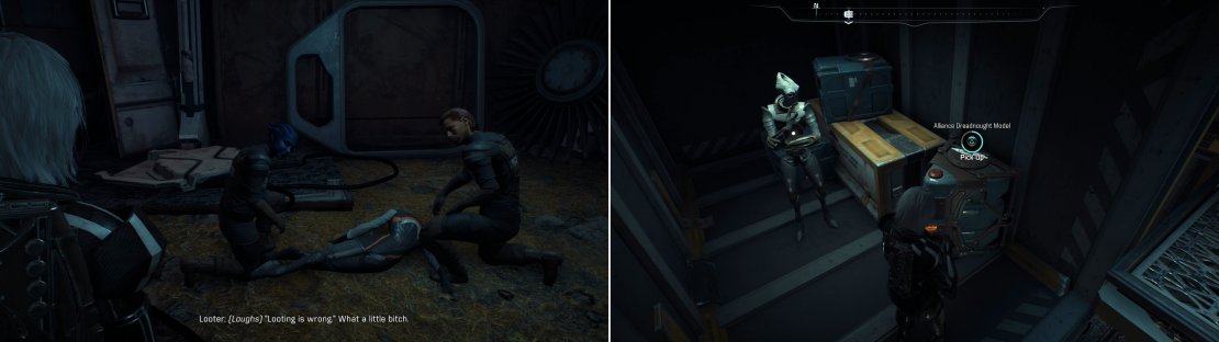 Searching around Kadara Slums will quickly inform you that it’s a dangerous, brutal place (left), but there are a few treasures to be found (right).
