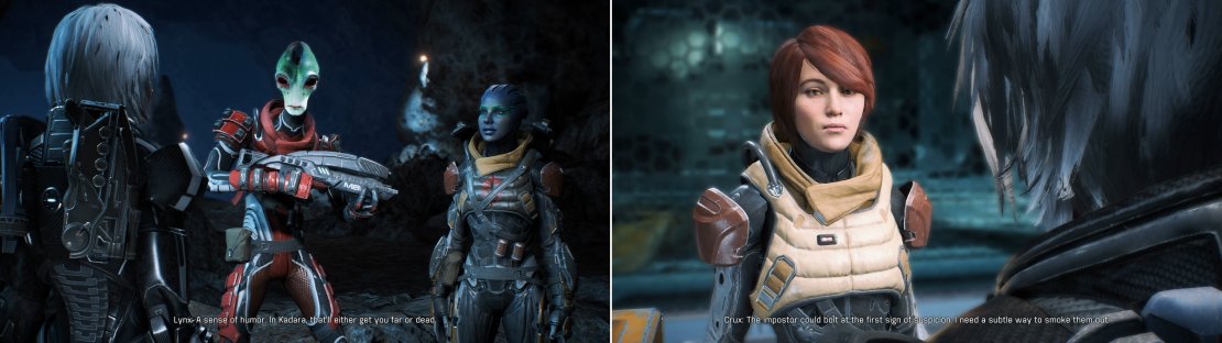 Stumble upon the Collective Base and you&rsquo;ll find that the Charlatan apparently isn&rsquo;t hostile (left). Talk to Crux - the commander of this base - to learn they&rsquo;ve been compromised (right).