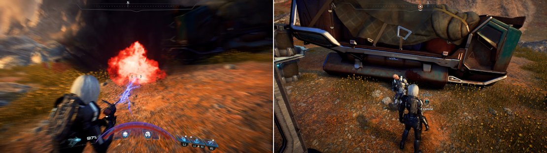 Destroy the explosives around the ruse camp (left) then read the schemer&rsquo;s datapad (right) and claim the stolen loot for yourself.
