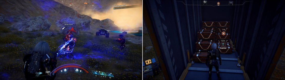 Defeat the enemies that deploy via dropship (left) then claim the loot Thrasia promised you (right).