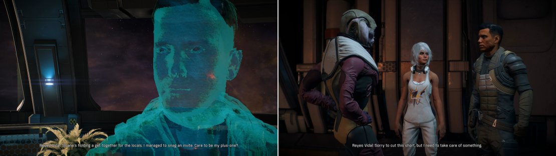 After helping Reyes with his Zia problem, he&rsquo;ll make another invitation via vidcon (left). Join him at Sloane&rsquo;s party and he&rsquo;ll quickly excuse himself (right).