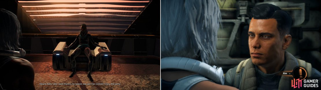 Talk to several important party-goers (left) then, when you find Reyes up to no good you&rsquo;ll get a chance to instigate a creative alibi (right).