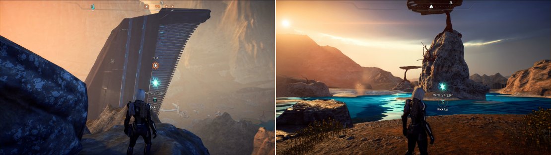 Find one Memory Trigger near a monolith (left) while another can be found on the southern shore of the lake in Kurinth&rsquo;s Valley (right).