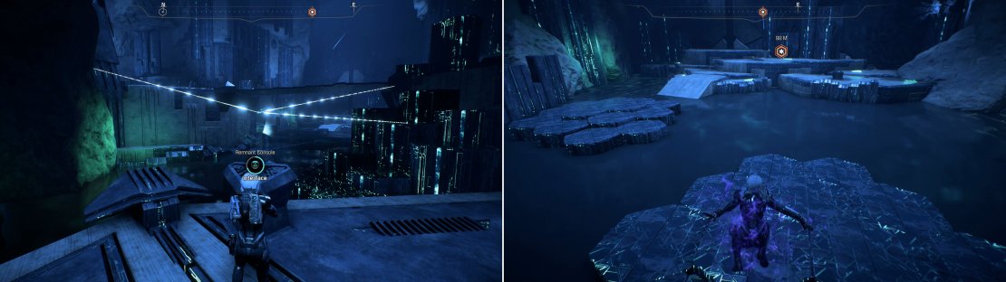 Return to the beginning of the vault and activate the previously ignored Remnant Console (left) then leap across the “lily pad” platforms deployed by aforementioned console (right).