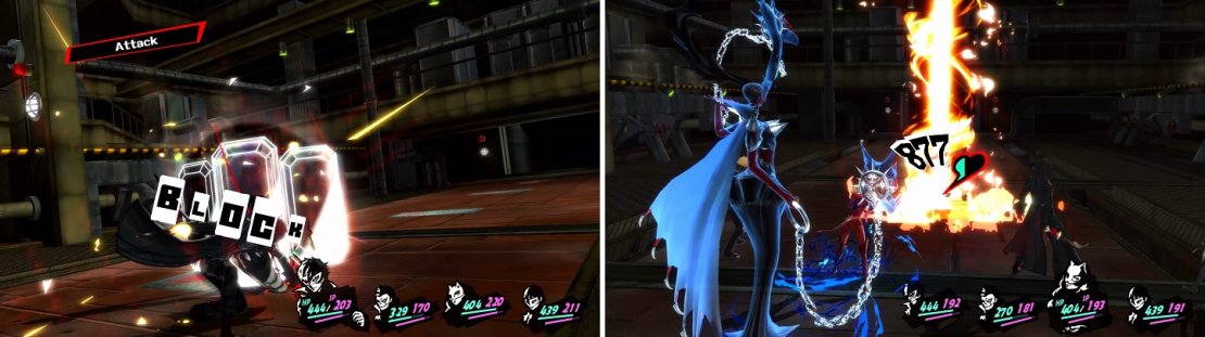 Equip a Persona that nulls physical to get rid of the Traitor&rsquo;s Tetrakarn (left). When the Traitor uses Desperation, you can do some major damage to them (right).