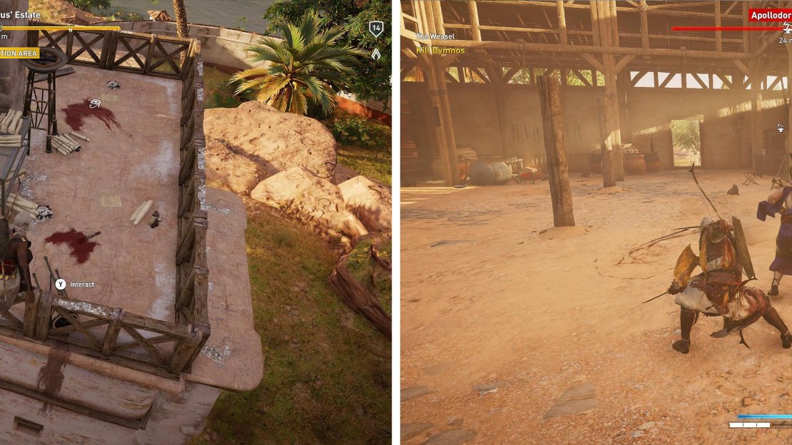 Search the Pigeon Tower for clues (left) and later, dodge behind Dymnos, who is slow but powerful, to easily defeat him.