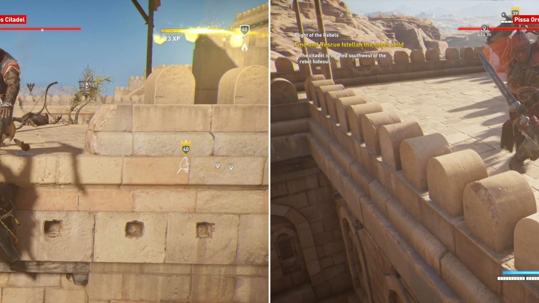 The massive walls of the Pissa Oros Citadel provide many opportunities for an assassin to cause mischief (left). Clear the citadel so you can face the super captain in a one-on-one battle (right).