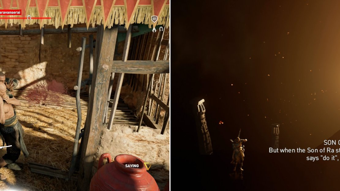 Kill the Son of Ra (left) then witness a scene where Bayek’s actions are compared to those of the man he just killed (right).