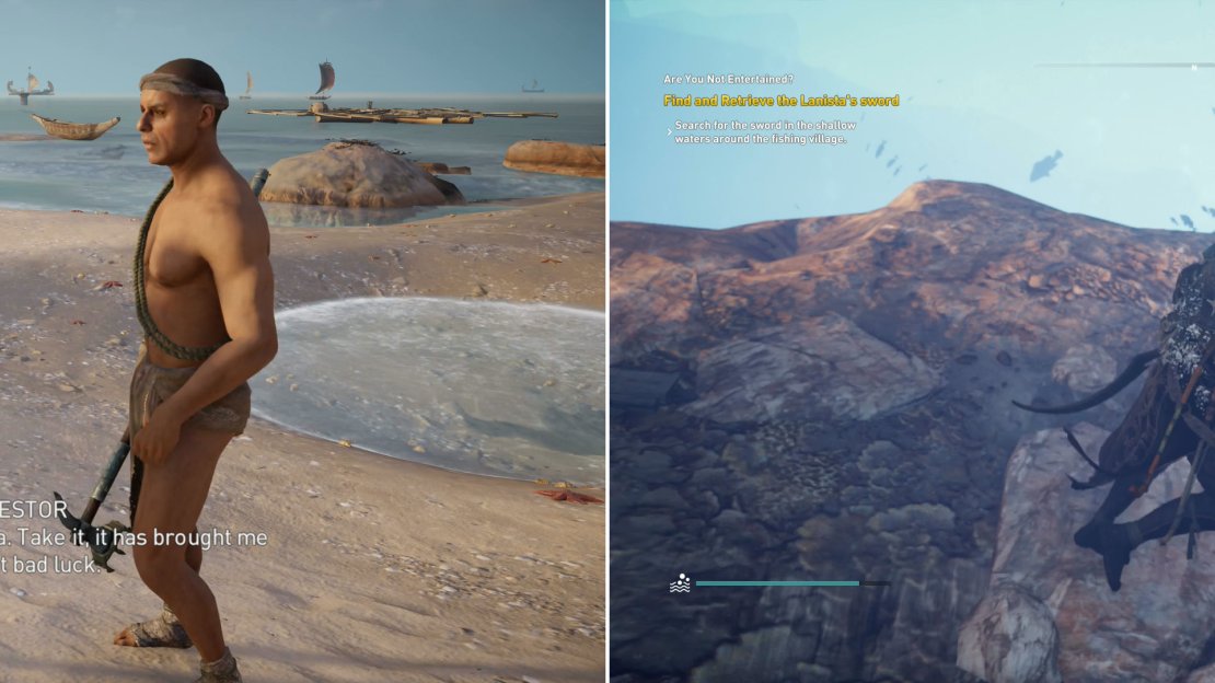 Talk to Polymestor (left) then go recover the sword he discarded (right).
