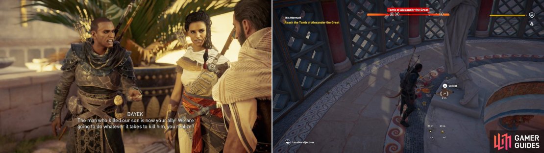 After being snubbed by Cleopatra, Aya and Bayek will vent their frustration on Apollodorus (left). Grab the &ldquo;Ray of Hope&rdquo; Papyrus Puzzle scroll from the Tomb of Alexander (right).