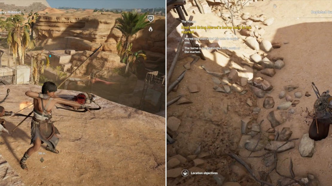 Mered’s man will only serve to blow your cover (left), you’ll be better off when he dies. After he’s gone, you can go about the business of clearing the enemy camp more sneakily (right).