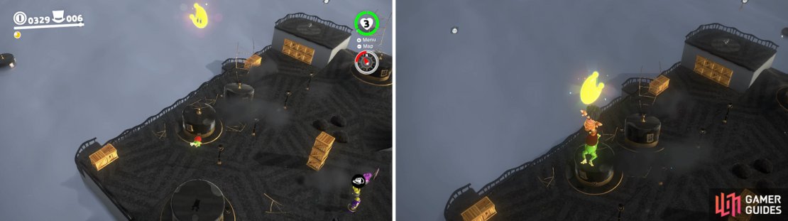 A normal jump with the frog won&rsquo;t be enough to get the moon above the hat (left). Shake your controller to perform a high jump to get it (right).