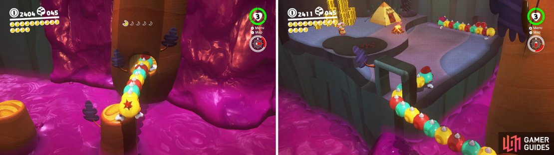 There is a Moon Shard hidden inside a tree (left). You&rsquo;ll need a Wiggler to reach the hidden area with Captain Toad (right).