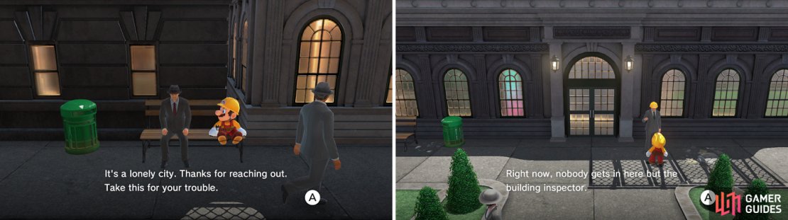 “Sitting“ on the bench next to the lonely guy will reward you with a moon (left). Only an inspector can get into the building (right).