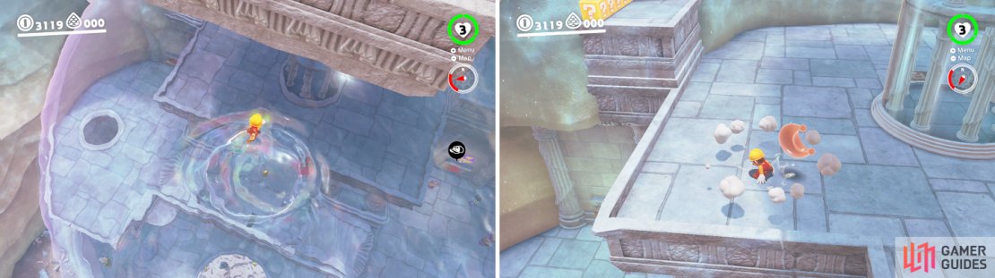 Drop into the large dome from the top (left) and pound the ground at the spot shown on the right to receive the art moon.