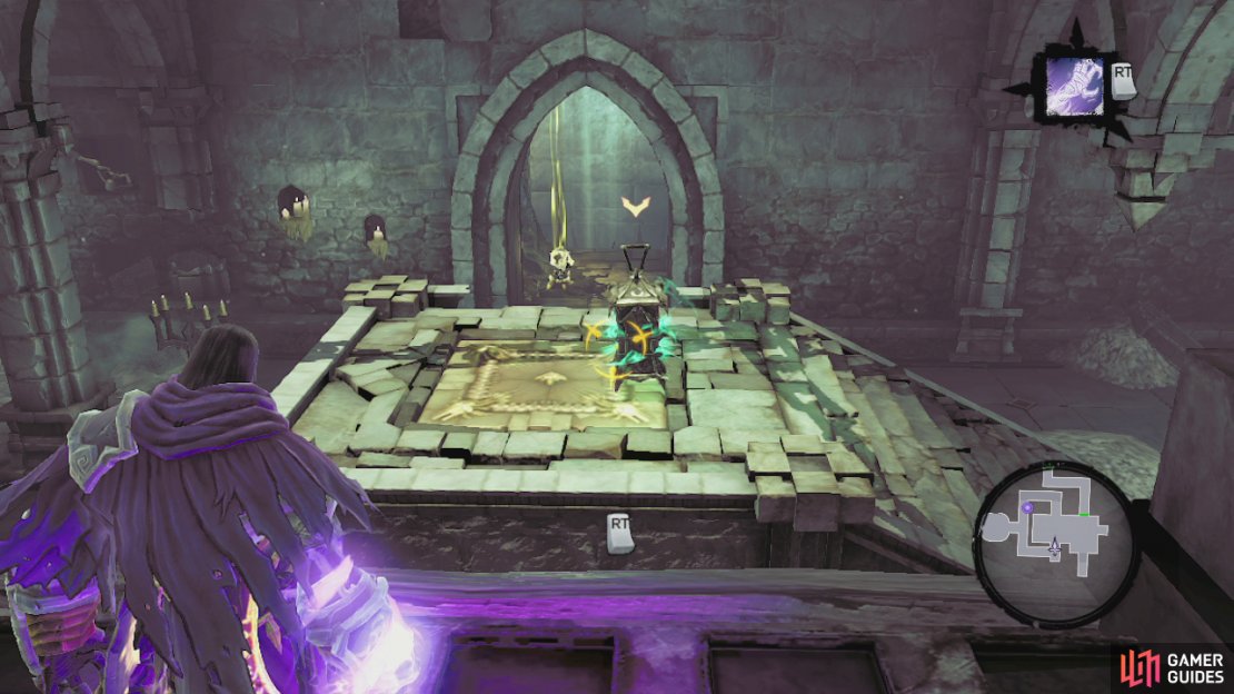 As you exit the room you will be ambushed by a swarm of scarabs. Destroy them all and the gate will be unsealed and you can backtrack to the main area. When you reach the laser statue again, check out the hallway to its right. Open the door at the end and look on the roof in the alcove you your left here for a crystal we can shoot for a Stone of Power, also in the alcove on the left hand wall is a Soul Arbiter’s Scroll we can look at. Once you have those, continue to the end of the hallway for a chest containing the dungeon map. Continue up the wall in the main room and use the lever at the top of the area for a quick scene. You’ll be back on the arena floor! Walk over to the statue head on the North side of the arena and use death grip on the ring here for a scene.