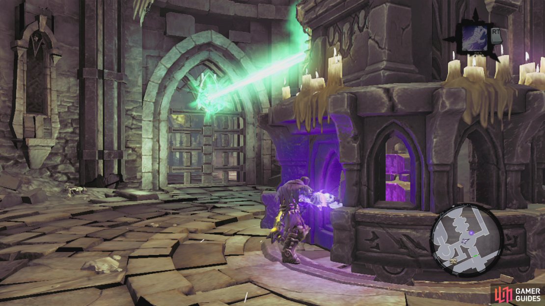 As you enter turn immediately right to find a chest. Continue to the small circular rooms at the end of the hallway. Just before you reach them, look in the alcove to the right for a Soul Arbiter’s Scroll. Head into the small circular rooms and grab the lantern in here. fight off the skeletal warriors that attack. Once the door opens again, return to the nearest lantern statue room and enter the door to the right. Place the lantern on the pressure plate and then return to the first lantern statue room via the same way you came (wall running). Use death grip to grab the lantern and return to the original lantern statue room. Drop the lantern and rotate the statue once to the left. Pick the lantern up again and carry it through the door and up the circular stairs. Interact with the statue at the top to give it the lantern. This will raise the bridge and give you access to another room at the far end of the area.