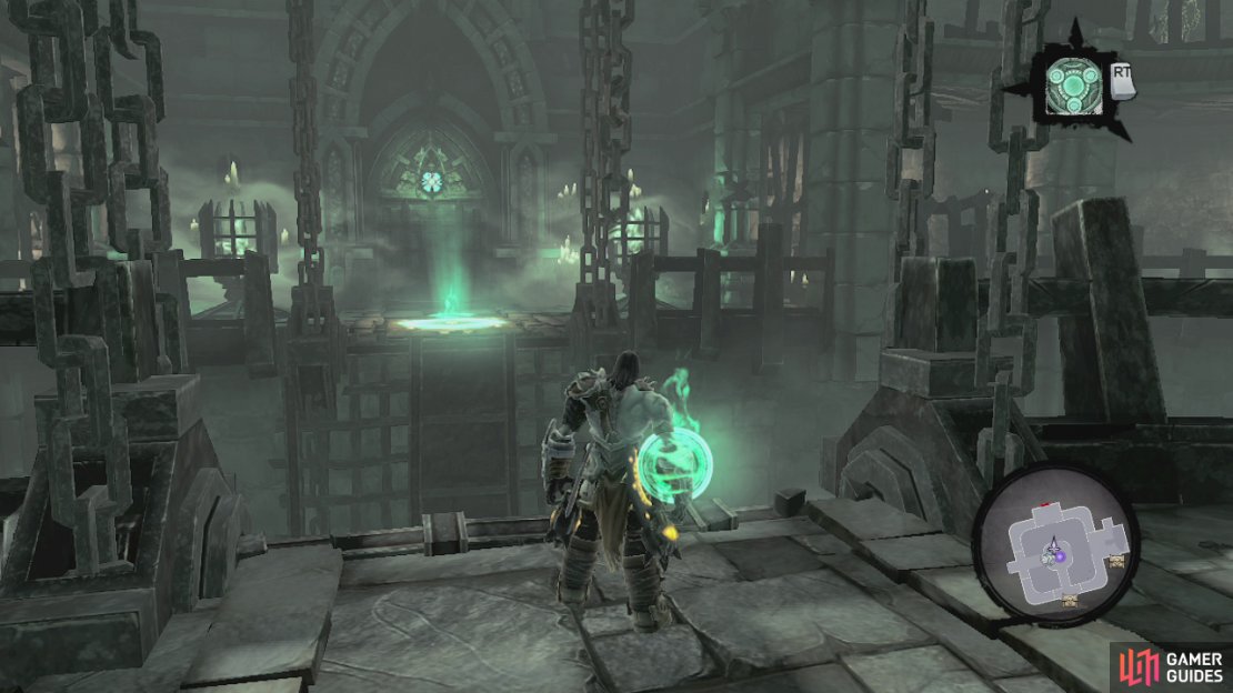 After the scene, the door on the right side of the room will unlock, so head on through. Continue across the bridge and into the hallway beyond. As you enter you will meet a new enemy - the lich. These floating bad guys can be quite a handful and will continuously summon skeletons to attack you. If you get too close to the lich, he will also do a nasty ground slam attack. Try to focus on the lich as much as you can and only really killing the skeletons when they get in your way (he will just replace them if you keep killing them). Once the lich is dead, head through the next door. At the end of the corridor, use the summoning circle and head through the door nearby. Use your Dead Lord buddy to activate the switch across the gap directly in front of you. Cross the bridge that rises into the centre platform. Here you will notice one of those lantern statues in the centre, but he has no lantern. Head to the south of this platform and use the dead lord to activate the pressure plate across the gap. The bridge will only rise half way, so switch to your death grip and use it on the dead lord to pull yourself across the rest of the way. Look in the right hand corner for a chest containing the dungeon map and grab the lantern off the ledge using death grip. Look to the left of where the lantern was to find a small hole in the wall with a bomb plant. Use this to destroy the crystals and this will raise the other side of the bridge. Grab the lantern and return to the centre of theroom. Give the statue the lantern. Rotate it once to the left to open the gate for a chest. Grab the chest and then head back to the middle area and rotate the statue 180 degrees. Now get the dead lord to use the pressure plate across the gap to the north. Enter the door here and go through the door at the end of the next hallway to enter a circular room. Drop down into the water here and across the opposite side of the room beneath a platform’s supports you will find a Relic of Khagoth. Return to the entrance and use the nearby block to start up a platforming section, follow the blocks handholds and death grip chains to reach the top of the room. Run over to the cage here and use the action button to collect your first soul. Kill the lich and the pair of skeletal champions that appear. Afterwards, Look at your map and drop down to the platform with the chest on it below. Fall down the rest of the way and back track to the judicator.