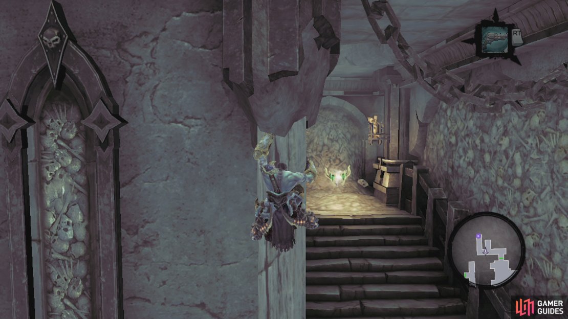 We can&rsquo;t do anything here just yet, so let&rsquo;s go through the right hand door and follow the hallway into the room at the far end. Here you will see a rotation device in the centre of the room which will lower the nearby gate, you can also see a gate to the right and a switch over a gap to the left. Enter Soul Splitter mode.  Have your first copy run to the rotating switch and activate it to lower the gate. Once it is down, swap to your second copy and enter the room beyond. Look to the left to see a bomb plant on the wall. Use the death grip to grab it, return to the previous room and throw it over to the switch across the gap. This will unlock the nearby gate giving you access to a movable block. Grab this and move it into a position in front of the gate.