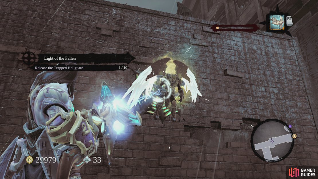 Now that we&rsquo;ve done our share of exploring, let&rsquo;s continue. Head down the street to the left of the building we entered the realm from. Oh and be sure to take Uriel&rsquo;s gun with you. It will make things a lot easier! You will be attacked frequently in the next few areas by swarms of zombies and the rapid fire on the gun can cut them to ribbons in no time. You will know when you are going to be attacked as you will hear what sounds like a battle horn from Lord of the Rings or some other medieval fantasy movie. So when you hear that get ready to defend yourself.  As you make your way down the street a fire golem will charge out of the building to the left. Kill him and any zombies accompanying him and then cruise to the very end of the street and drop down the hole here. Look behind to find a Soul Arbiter&rsquo;s Scroll. Climb back up and enter the door the fire golem came from. Kill the zombies in here and work your way through the building and out the other side.  As you exit, turn to the right and defend yourself from the zombie swarm that will come in to attack. If you didn&rsquo;t bring the gun, you can find a replacement on the ground to the left below a dead angel who is pinned to the wall. You can kill the angel (1/10) as part of the side-quest &lsquo;Light of the Fallen&rsquo;. Continue up the hill and again you will be attacked by a swarm of zombies and a fire golem. Retreat backwards as you fire away. When they are dead continue up the road.  As you reach the intersection where you can turn left, you will also bump into an enemy called a suffering demon, these are the same four armed muscly types that attacked the angels during our intro to Earth. It is very strong so continue to pepper him with the rapid fire as you back away down the street from whence you came. Once he is dead, return to the intersection and hang a left. Kill the zombies here and turn right onto the next street and follow it.  When you reach the spot where there are red crystals flanking the road. Look behind the crystal on the right for a Book of the Dead page. Grab the nearby chest as well and then proceed into the tunnel to the east.  Head down the stairs and another group of baddies consisting of a fire golem and the obligatory zombie swarm will come to attack you. Defend yourself and continue to the bottom of the stairs. Look in the south east corner of this room for an angel to kill (2/10). Move through the tunnel to the south and fend off another fire golem/zombie soiree. Continue through the tunnel killing zombies until you reach the stairs going down. Here you will be rushed by another fire golem so deal with him before heading down. Turn to the left at the bottom of the stairs and look in the alcoves to the right for another angel to kill (3/10). Return to the stairs and proceed west.  As you round the corner here, you will encounter another suffering demon. This one has teamed up with a group of zombies. Again, backpedal as you fire away at these clowns until they are all dead or dying. Continue into the room they came from. As you enter the main portion of the room, keep to the right hand wall. Look in the direction of the green doorway and in the centre of the room you should be able to make out a crystal near the roof we can shoot for a Stone of Mystics. Continue to follow the passage around the corner. Here you will find a side room with a couple of chests in it. Exit to the main area and cross the makeshift bridge nearby. Again turn right and look behind the red crystals ahead for a Relic of Renagoth.    Continue south and destroy the green door. Walk through it to gain the first piece of the Rod of Arafel. In the room behind the door, climb the stairs here. In the corner at the top you can see a Book of the Dead page, use death grip to grab it. Continue up the stairs and exit the building at the top to find yourself near the courtyard. Follow the objective marker to return to Uriel with the Rod and she will open a new area for you to explore.