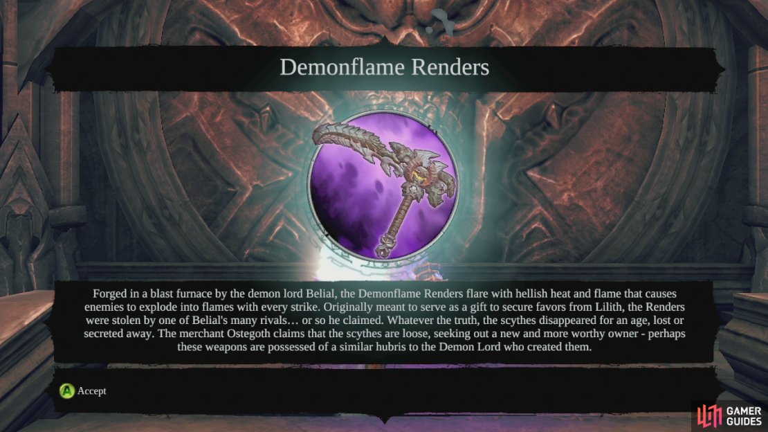 Follow the handhold to the right and exit into the hall. As you move along the hallway, look up as you go to find a death grip ring above. Use this to climb up and wall jump to the top. When you get there, you’ll find a Boatman’s Coin nearby and a legendary weapon – Demonflame Renders. From the centre of this platform, look to the roof to the south to see a crystal, shot it for a Stone of Resistance. Drop back down to the hallway and use the death grip ring at the end to jump back up to the platform where we got the dungeon map. Continue on as before until you reach the large circular shaft again. This time use death grip to swing across to the other side and climb to the top. When you get to the balcony, climb up and look to the right in a corner for a Book of the Dead page. Use the door here.