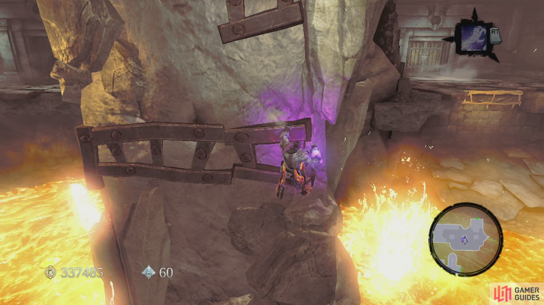 Climb the stairs here and use the death grip rings to swing to the opposite side. Wall run off the left wall here, around the corner and use the death grip ring at the end of the wall run to access the platform above at the end. Grab the chest for a skeleton key and the Boatman’s Coin here. Turn around and wall run along the left hand wall to reach some handholds and follow these to the end to land on a platform containing a Book of the Dead page. Return to the platform that had the chest with the skeleton key and jump from here down onto the golem’s chain below. Return across to the golem. Enter the hallway we used the golem to clear earlier of yellow crystals and enter the door. Death grip across the gap and enter the door directly in front of you. Kill the tainted constructs that attack. Check out the eastern side of the platform you are on and wall run along the southern wall to reach a platform on the other side of the lava pit. Round the corner and use the skeleton key to unlock the door here and enter.