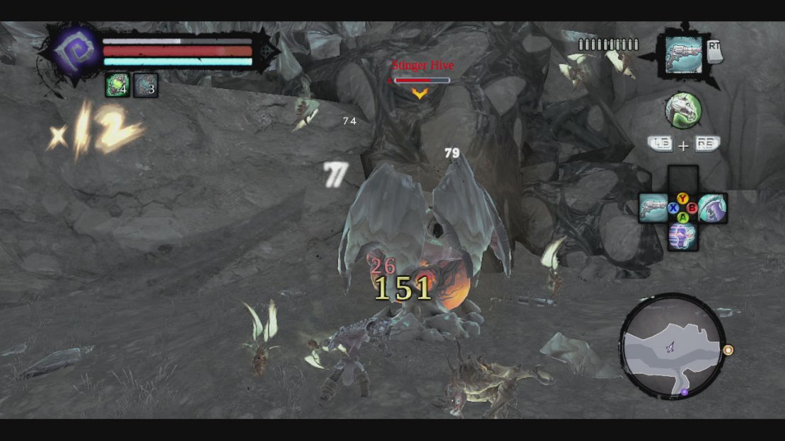 Continue along the set path until you reach the giant stone gates. Inside you will be attacked by a pair of prowlers and a swarm of stingers. See the large, glowing thing on the left? That’s a stinger nest; you will want to make destroying that a priority or the stingers will continue to spawn indefinitely. After clearing the area, you should have picked up some mordant dew for the quest Shaman’s Craft. If you look ahead, you will see the gates in front are blocked. Look to the left to see some yellow crystal, use your pistol to shoot the bomb growth here to take it out and then climb the wall.