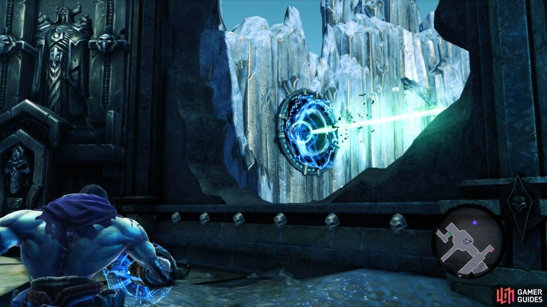 Once the statue has been activated, look where the green laser is firing, out the window here to the left you&rsquo;ll see a portal pad. Activate this. Now rotate the statue twice, so it is facing the stairs we just ascended. The beam will now be hitting another voidwalker pad. Activate this to have the laser unlock a door. Make your way over to and enter the now unlocked door and wall run back and forth between the walls to cross the gap.