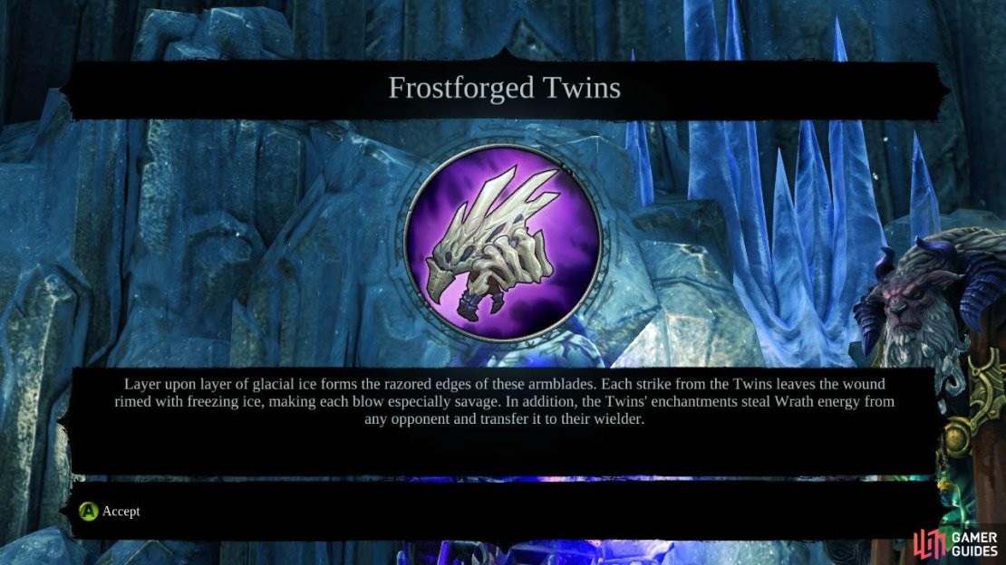 Return to Ostegoth, after a short scene you will get a message indicating he has sent you an item. Check the nearby serpent tome to see he has sent you a legendary secondary weapon &ndash; Frostforge Twins. Huzzah! Oh, you&rsquo;ve also reached the end of the DLC, congratulations!