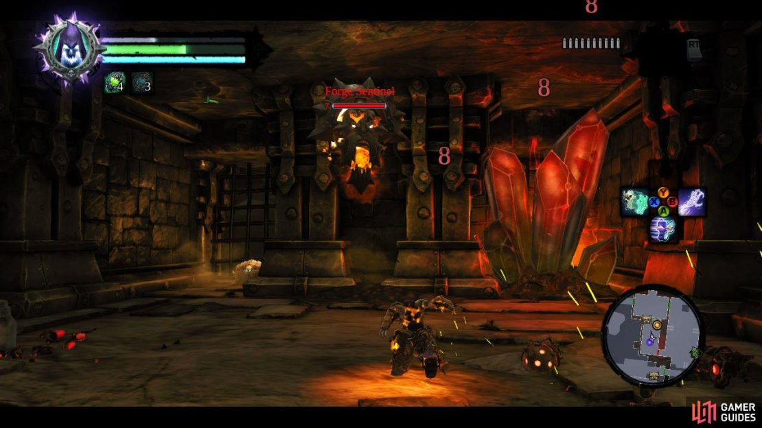 You&rsquo;ll see stairs to the left and at the top of these there is a locked skull door that we can&rsquo;t open yet so make your way across the walkways to the door directly to the south. Enter and inside you will be attacked by a set of three forge sentinels &ndash; like the sentinels in the main game, these guys can resurrect constructs. Once they are dead, explore the West side of the room for a chest and another chaos ore (2/7).