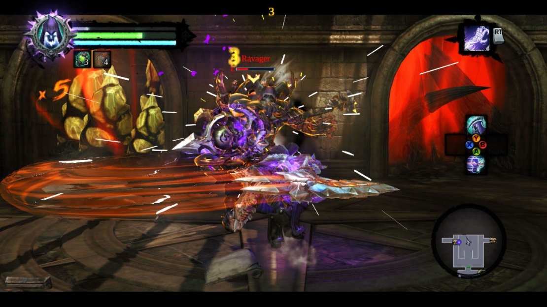 As you enter; you will encounter a new type of enemy - the ravager, there are 6-8 of them in this room. These guys have a magical quarterstaff that they can use either as a melee weapon or to charge up to drop purple energy bombs around the room or cause a small shockwave to force you back if you get too close. Fortunately, they aren&rsquo;t much tougher than your standard legion soldier, so you shouldn&rsquo;t have too much trouble taking the lot of them down.