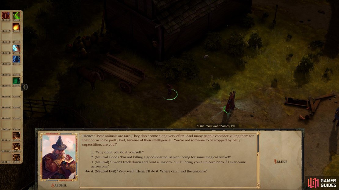 After recovering the gems, Irlene will ask for another favor - fetch her a unicorn horn.