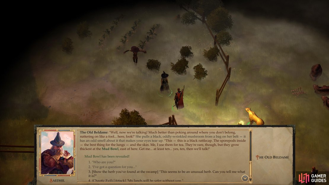 Talking to the Old Beldame is arguably more lucrative than fighting her, as you can pick up the quests &ldquo;Mushrooms from the Mud Bowl&rdquo;,