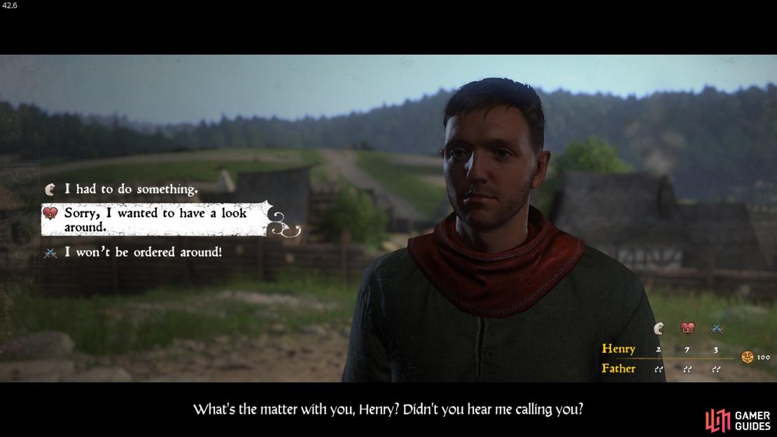An example of the three main persuasion icons in dialogue with other characters. From top to bottom; Speech, Charisma and Strength. Note also the level of reputation with a specific character, measured from 0 - 100.