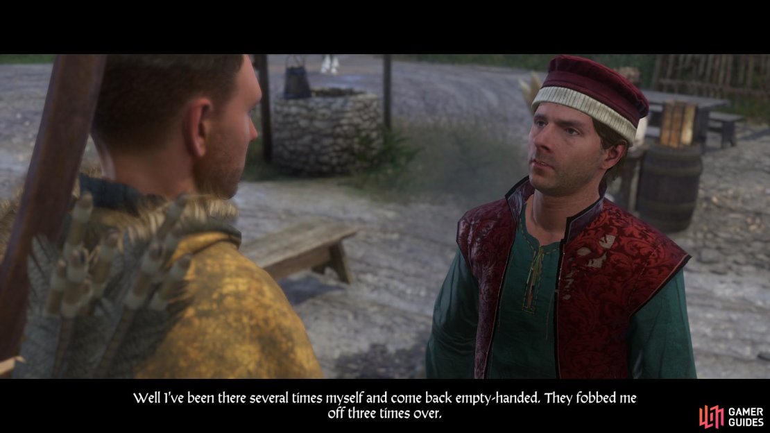 Go to the Sasau inn and speak with Master Fresco. After complaining about his difficulties in acquiring quicksilver for his work, he will suggest you speak with the Overseer by the monastery.