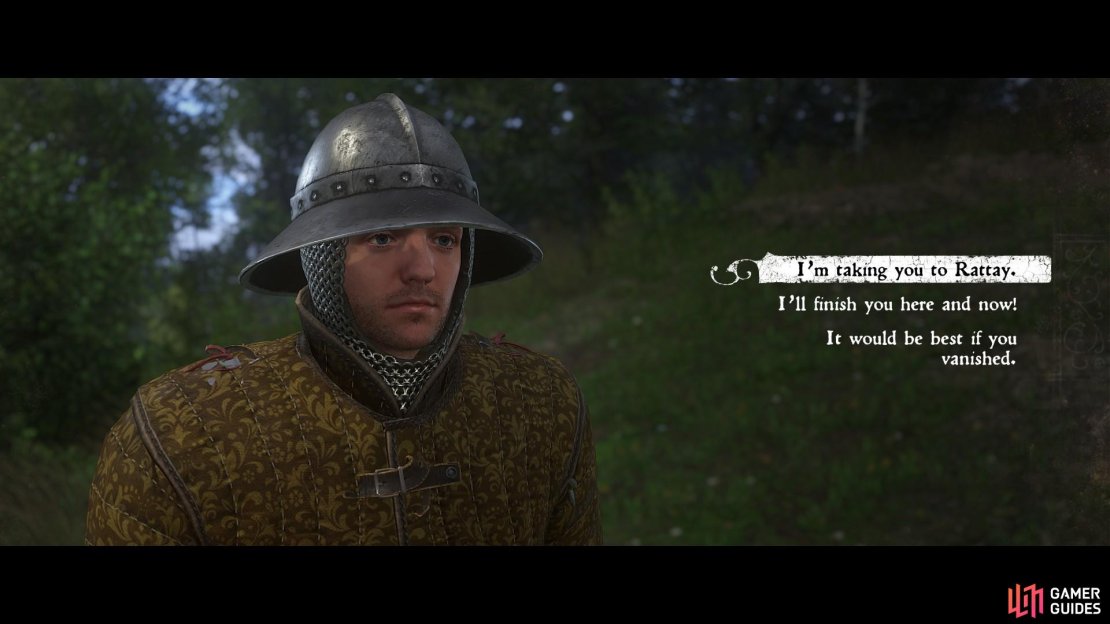 With the bandits dealt with, it is time for you to decide Hynek&rsquo;s fate; bring him to justice in Rattay, kill him yourself or release him unconditionally as recompense for his cooperation.