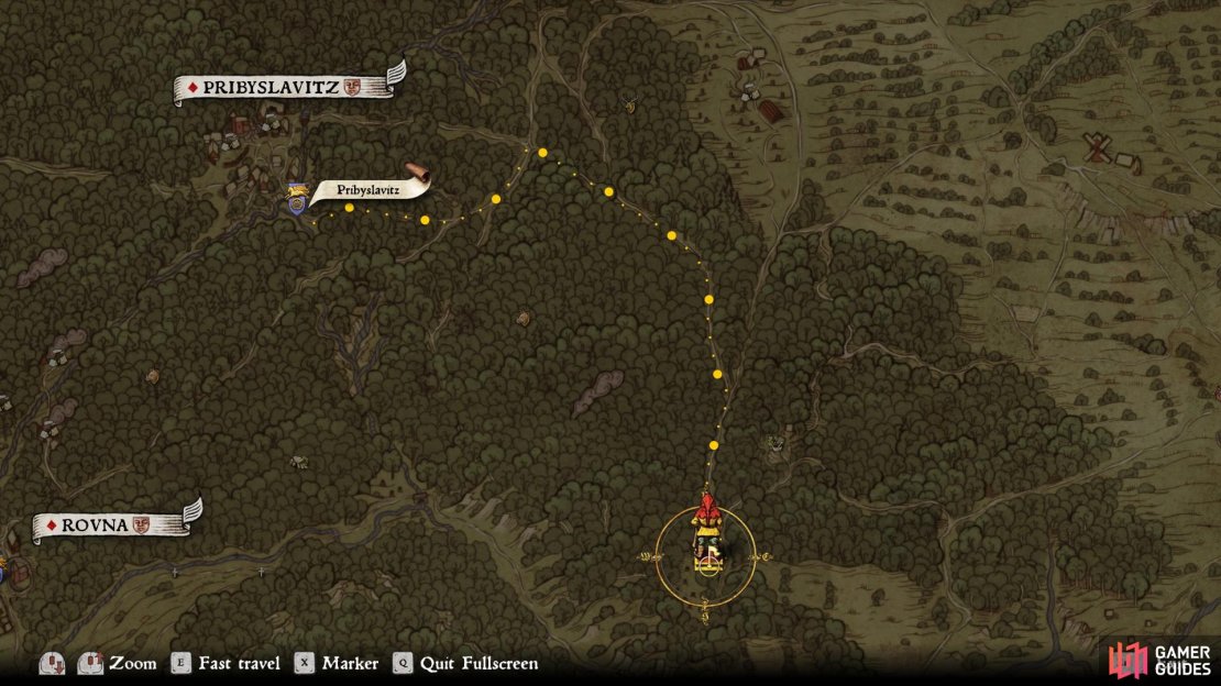 From the woodcutter’s camp, follow the directions as they appear in objectives until you reach the outskirts of the bandit camp known as Pribyslavitz.